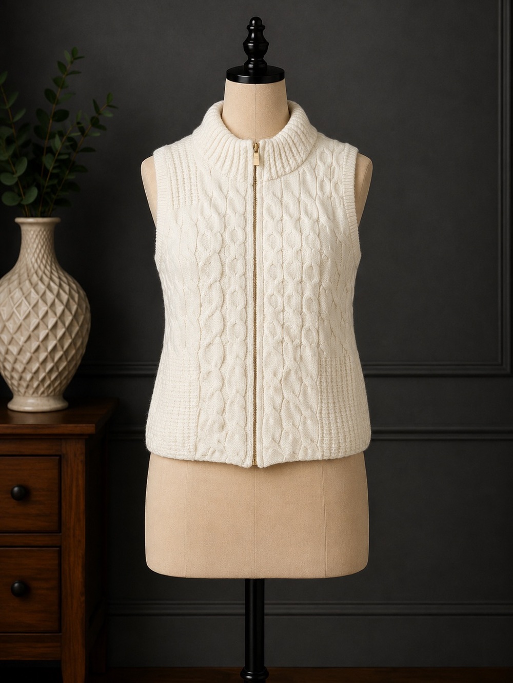 Joie Cream Cable Knit Zip-Front Sleeveless Sweater Vest